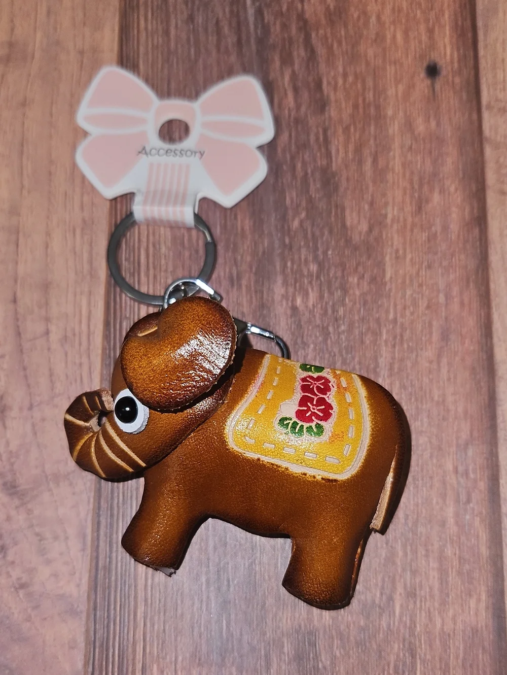 Leather Elephant Keychain with Floral Saddle
